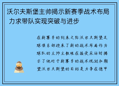 沃尔夫斯堡主帅揭示新赛季战术布局 力求带队实现突破与进步