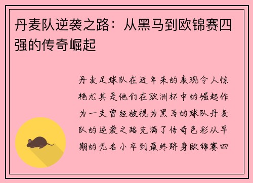 丹麦队逆袭之路:从黑马到欧锦赛四强的传奇崛起